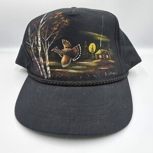VTG Hand Painted Cabin Bird Woods Snapback Hat Yupoong Signed S Whipps Black Cap